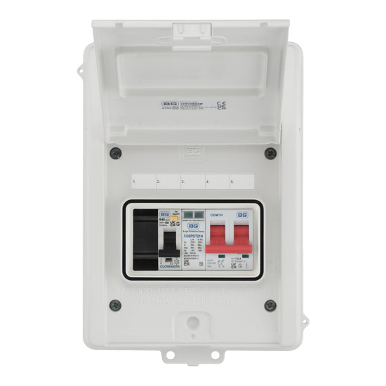 Picture of BG SyncEV White EV Consumer Unit - 100A MS, 40A DP RCBO, SPD (CFEV5RDAW-01) Picture of BG SyncEV White EV Consumer Unit - 100A MS, 40A DP RCBO, SPD (CFEV5RDAW-01)