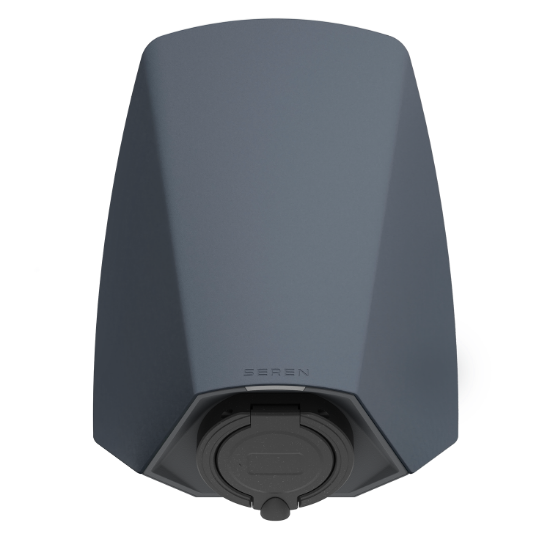 Aurora Seren 7.4kW Type 2 Untethered EV Charger in Midnight on timber cladding